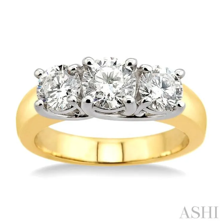 1 1/2 Ctw Three Stone Round Cut Diamond Ring in 14K Yellow and White Gold