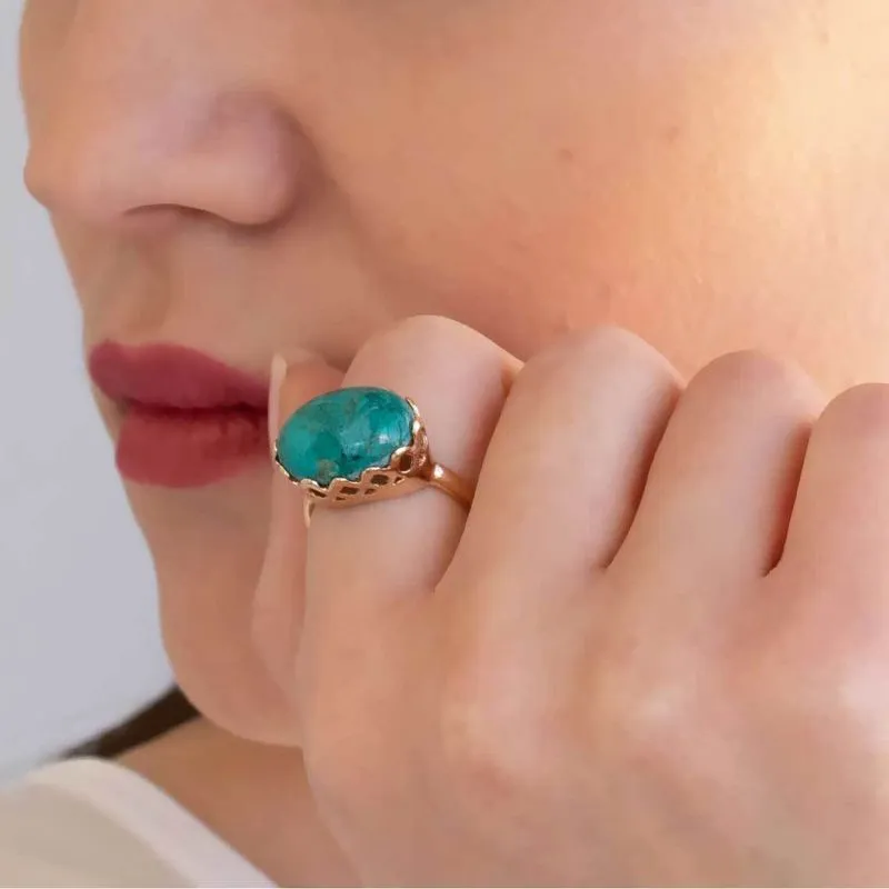 14K Rose Gold Elliptic Turquoise 12X16mm Ring