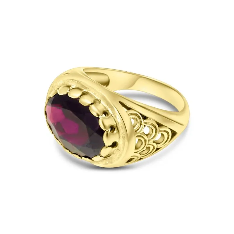 14K Yellow Gold Antique Style Large Garnet Ring