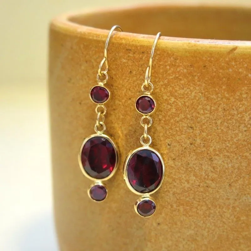 14K Yellow Gold Oval Red Garnet 8X10mm Dangle Earrings