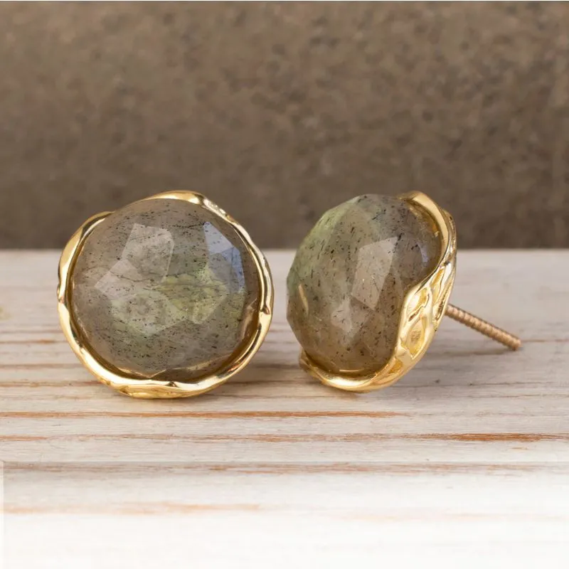 14K Yellow Gold Round Brown Labradorite 12mm Stud Earrings