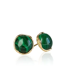 14K Yellow Gold Round Green Malachite 12mm Stud Earrings