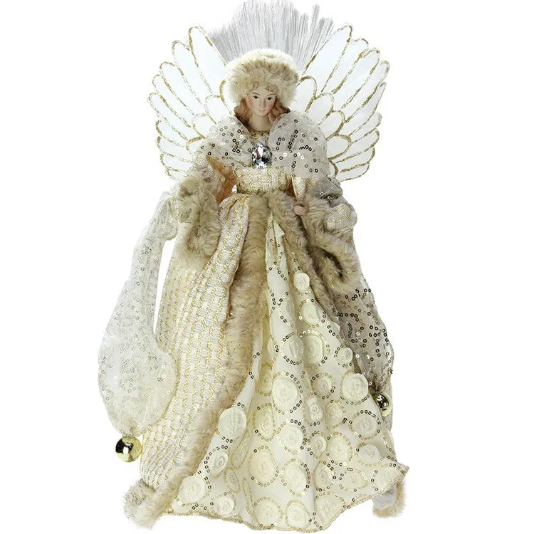 16" Ivory and Gold Angel in Sequined Gown Christmas Tree Topper