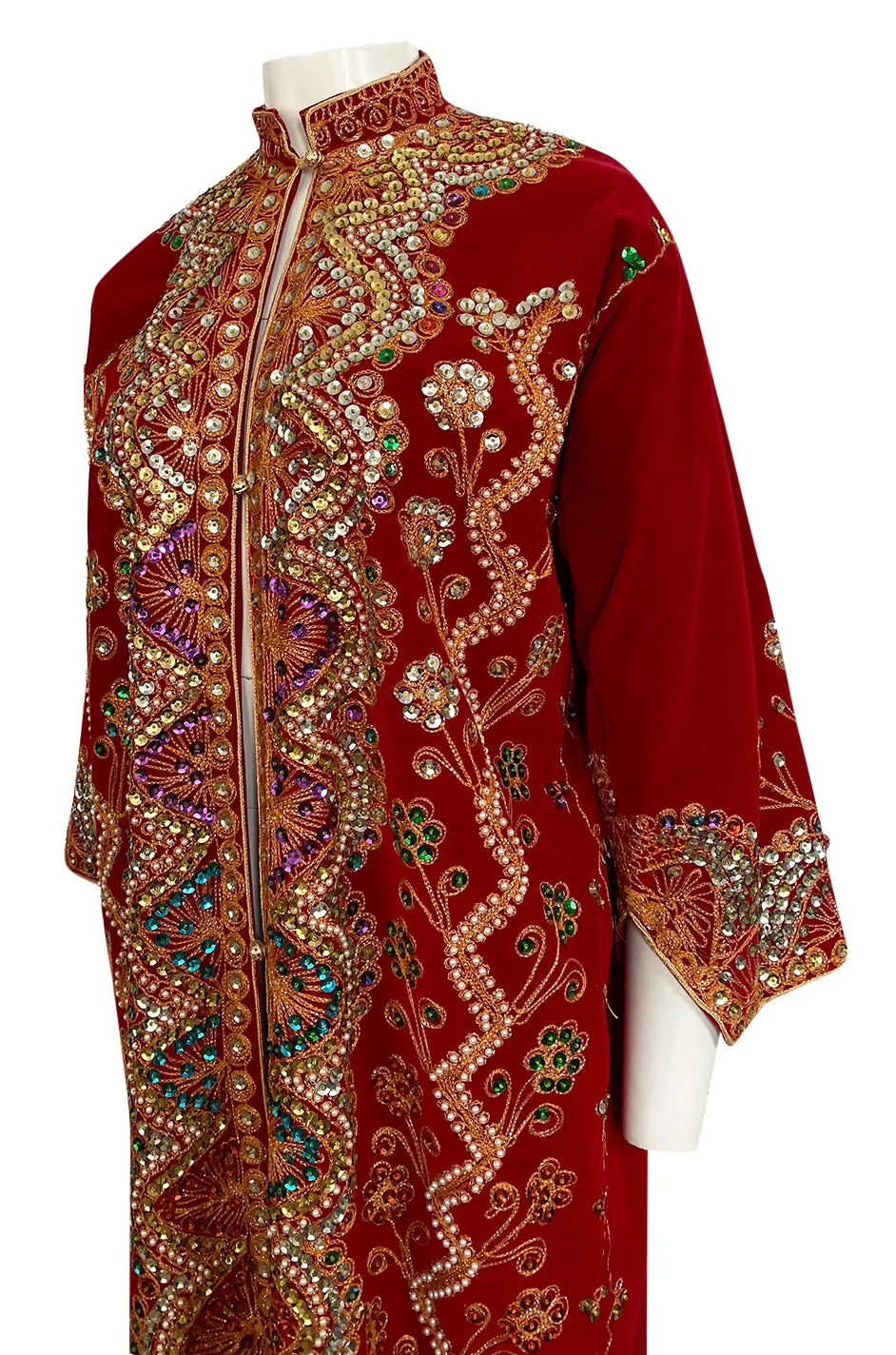 1960s Unlabeled Densely Beaded & Sequined Red Velvet Caftan or Coat