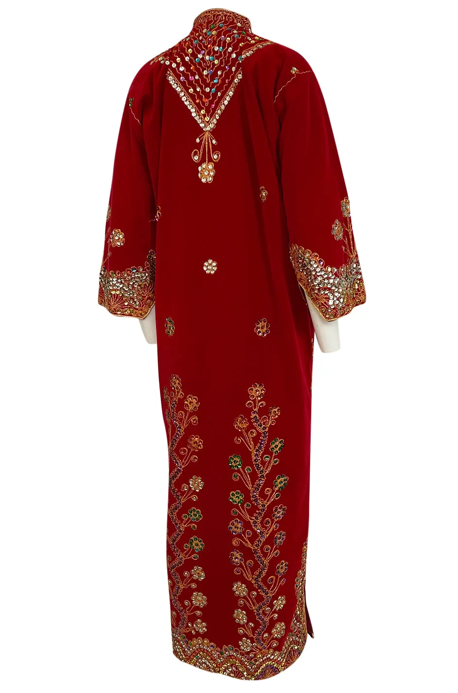 1960s Unlabeled Densely Beaded & Sequined Red Velvet Caftan or Coat