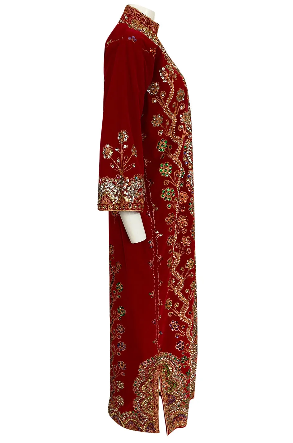 1960s Unlabeled Densely Beaded & Sequined Red Velvet Caftan or Coat