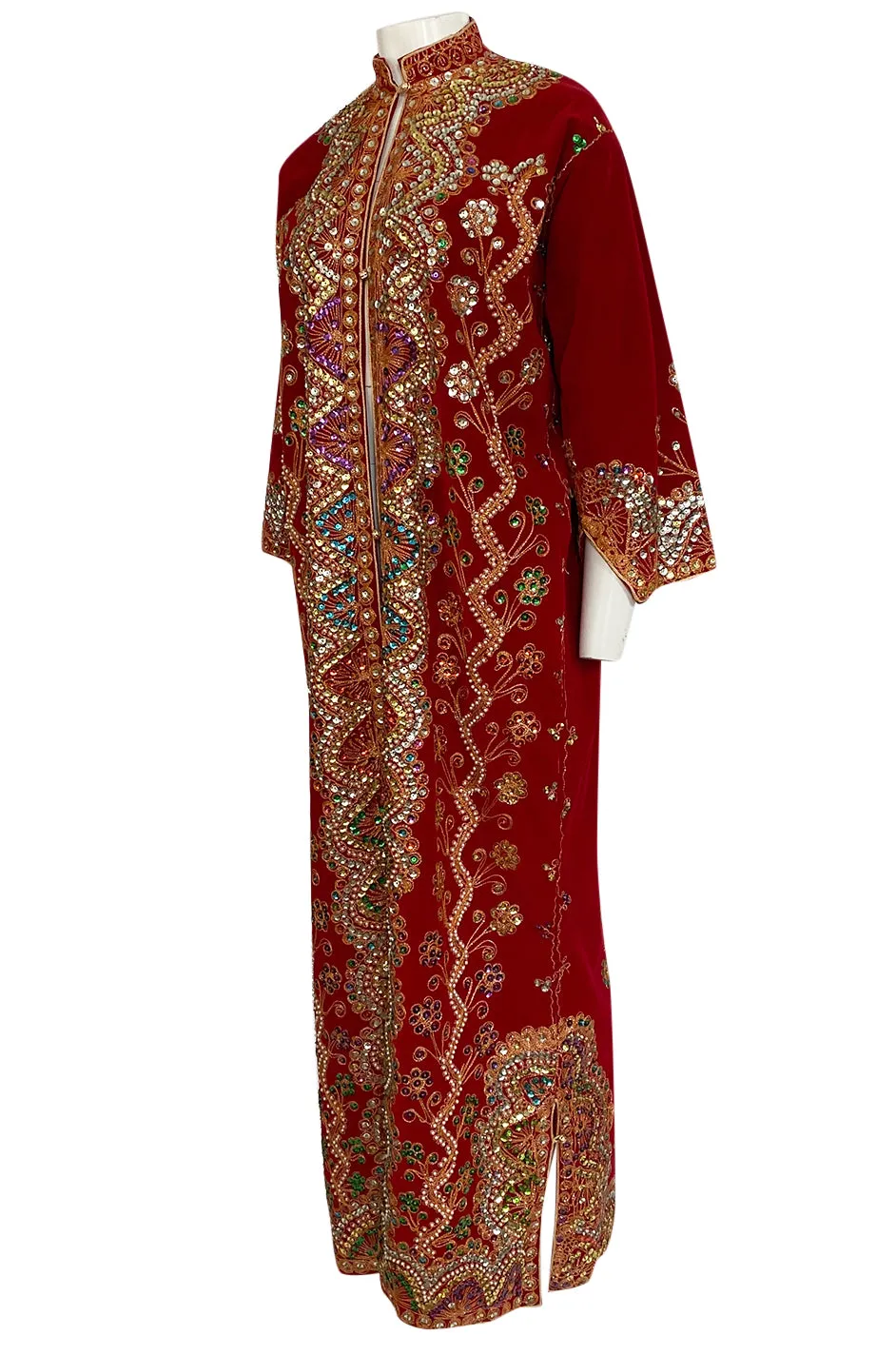 1960s Unlabeled Densely Beaded & Sequined Red Velvet Caftan or Coat