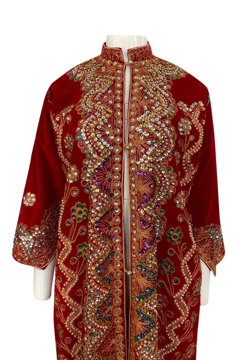 1960s Unlabeled Densely Beaded & Sequined Red Velvet Caftan or Coat