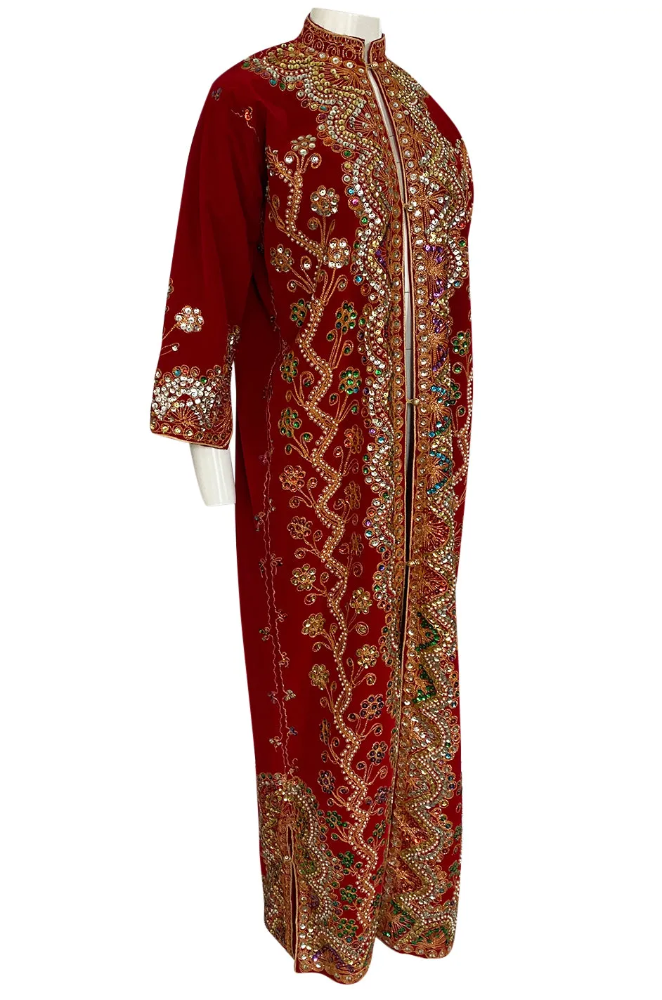 1960s Unlabeled Densely Beaded & Sequined Red Velvet Caftan or Coat