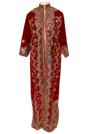 1960s Unlabeled Densely Beaded & Sequined Red Velvet Caftan or Coat