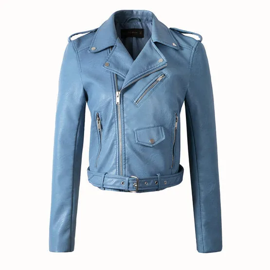 2018 New Autumn Winter Women Motorcycle Faux Leather Jackets Lady Biker PU Zipper Snakeskin Grain Outerwear Coat with Belt Hot