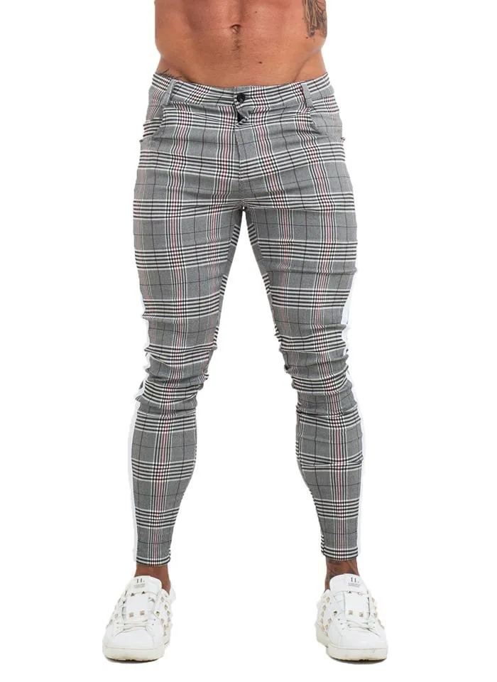 7355 Plaid Pattern Side Stripe Skinny Chinos