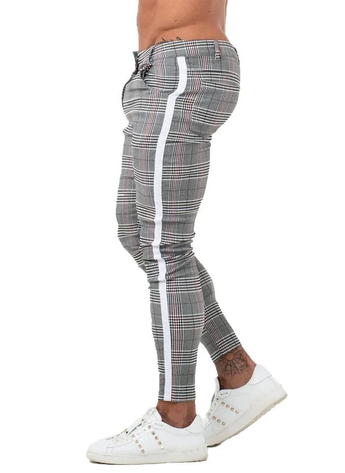 7355 Plaid Pattern Side Stripe Skinny Chinos