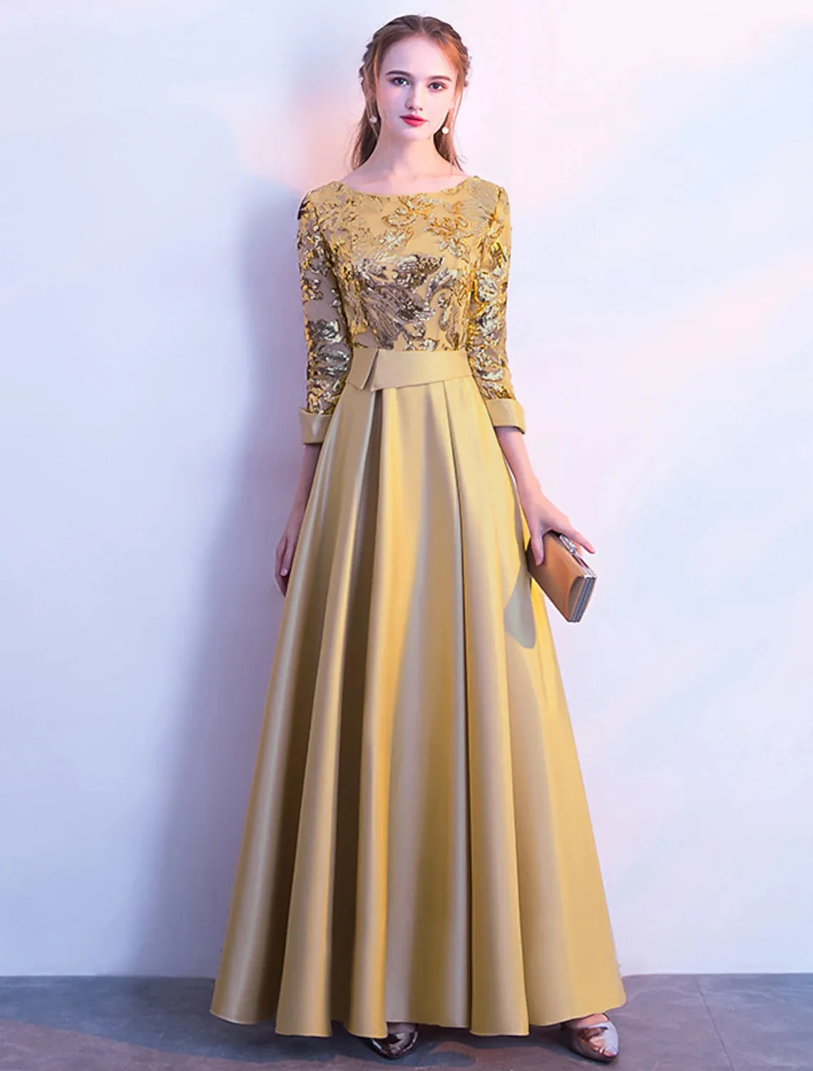 A-Line Bridesmaid Dress Jewel Neck Long Sleeve Beautiful Back Floor Length Satin / Tulle / Sequined with Sash / Ribbon / Pleats