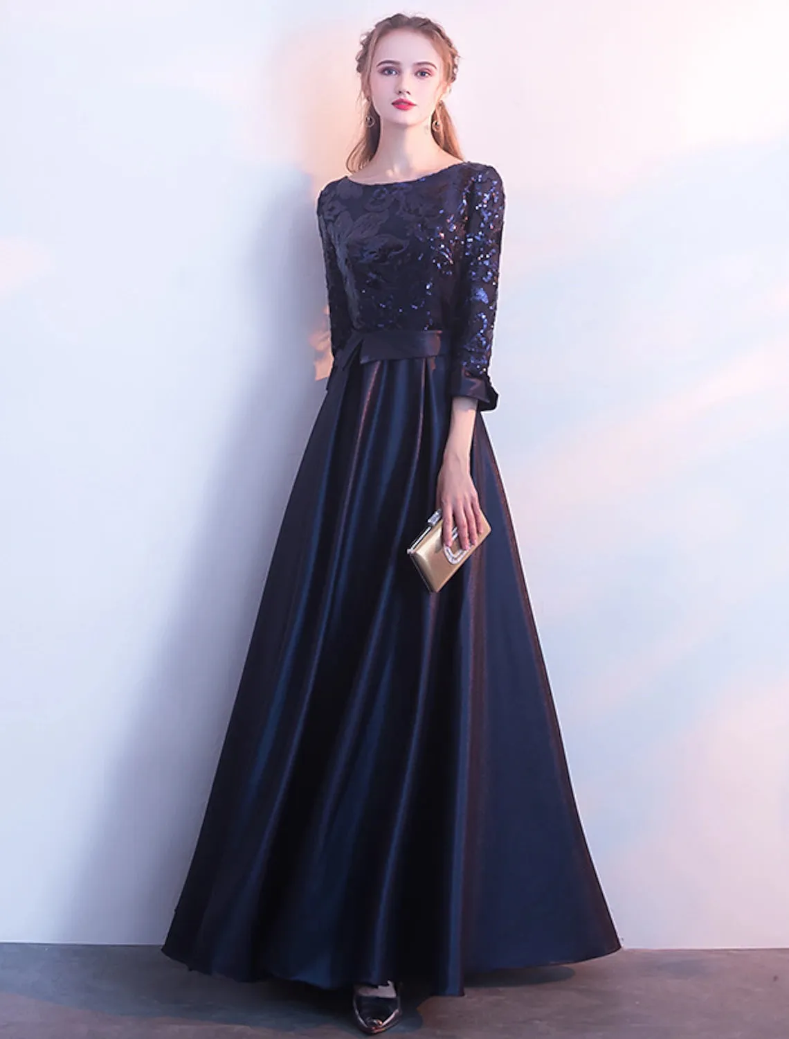 A-Line Bridesmaid Dress Jewel Neck Long Sleeve Beautiful Back Floor Length Satin / Tulle / Sequined with Sash / Ribbon / Pleats