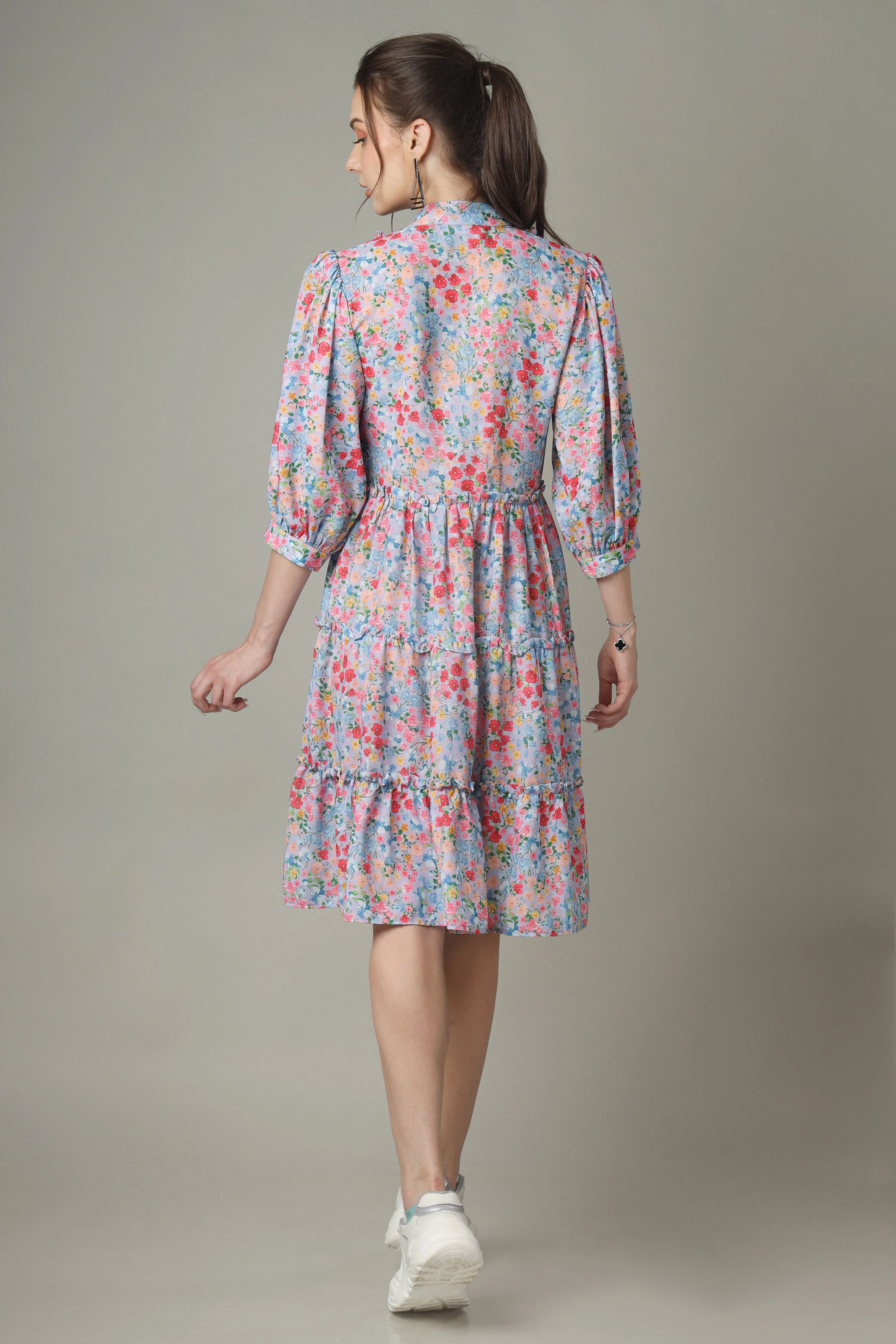 A-Line Floral Button Down Tiered Shirt Dress