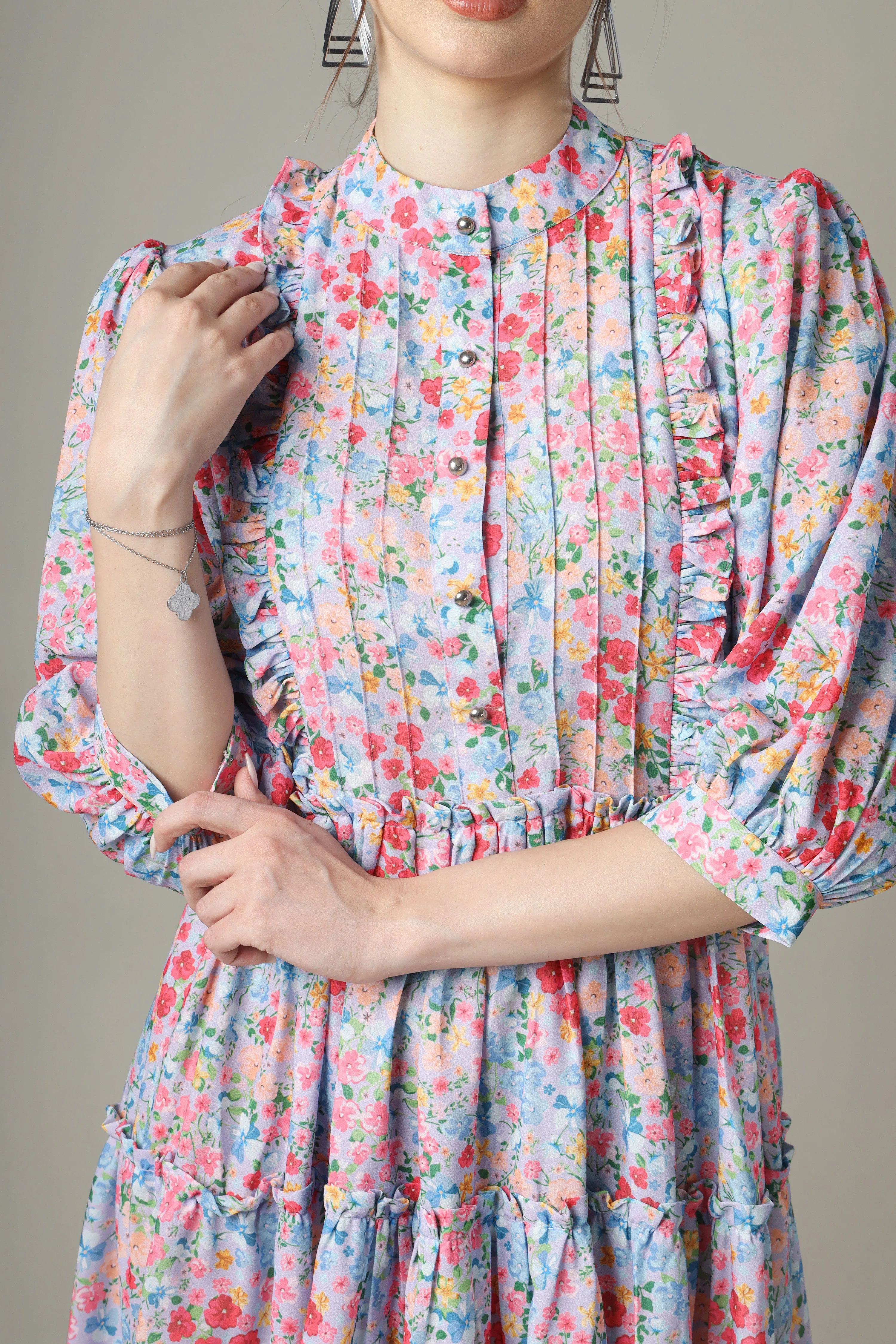 A-Line Floral Button Down Tiered Shirt Dress