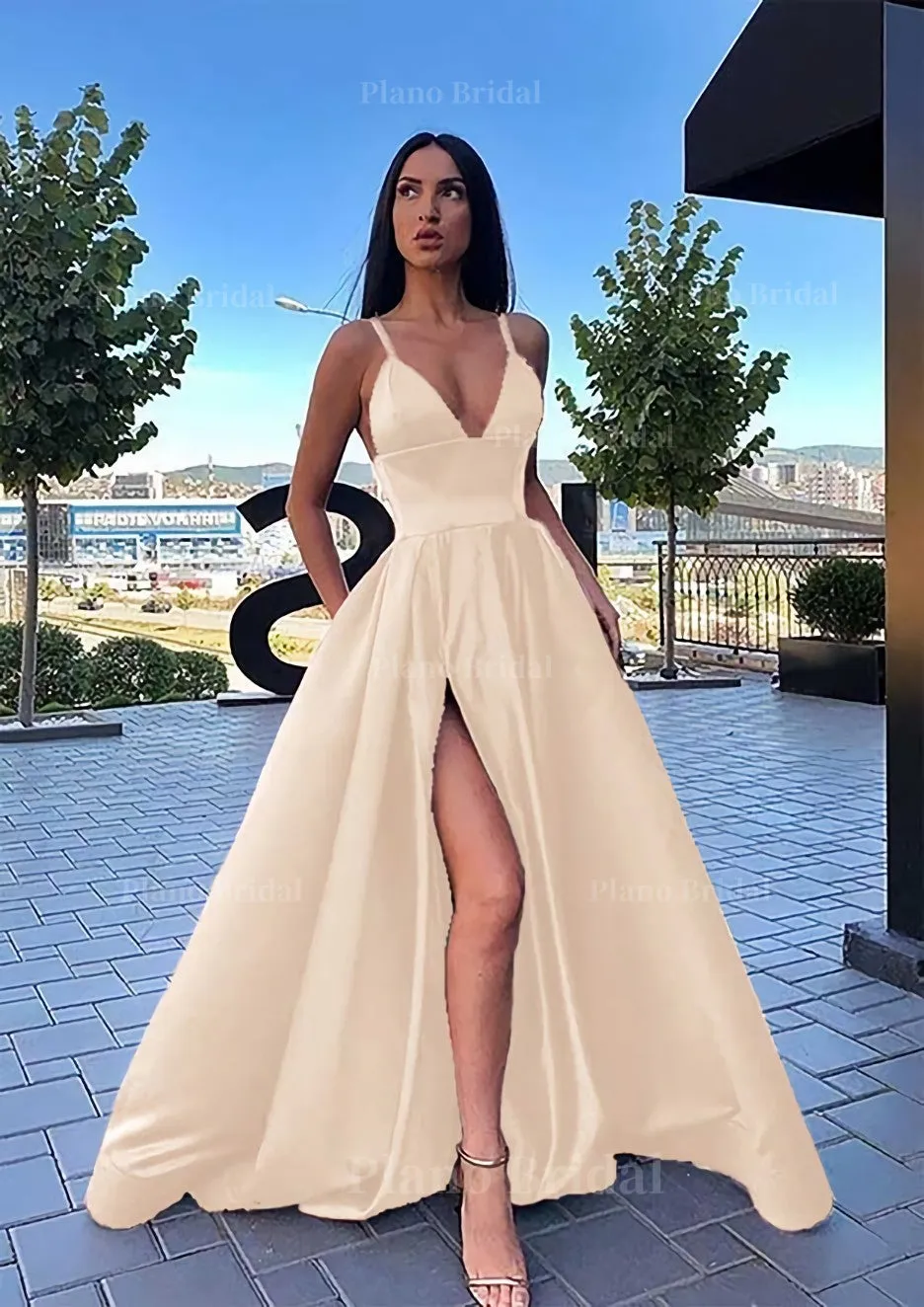 A-line V Neck Sleeveless Sweep Train Satin Prom Dress