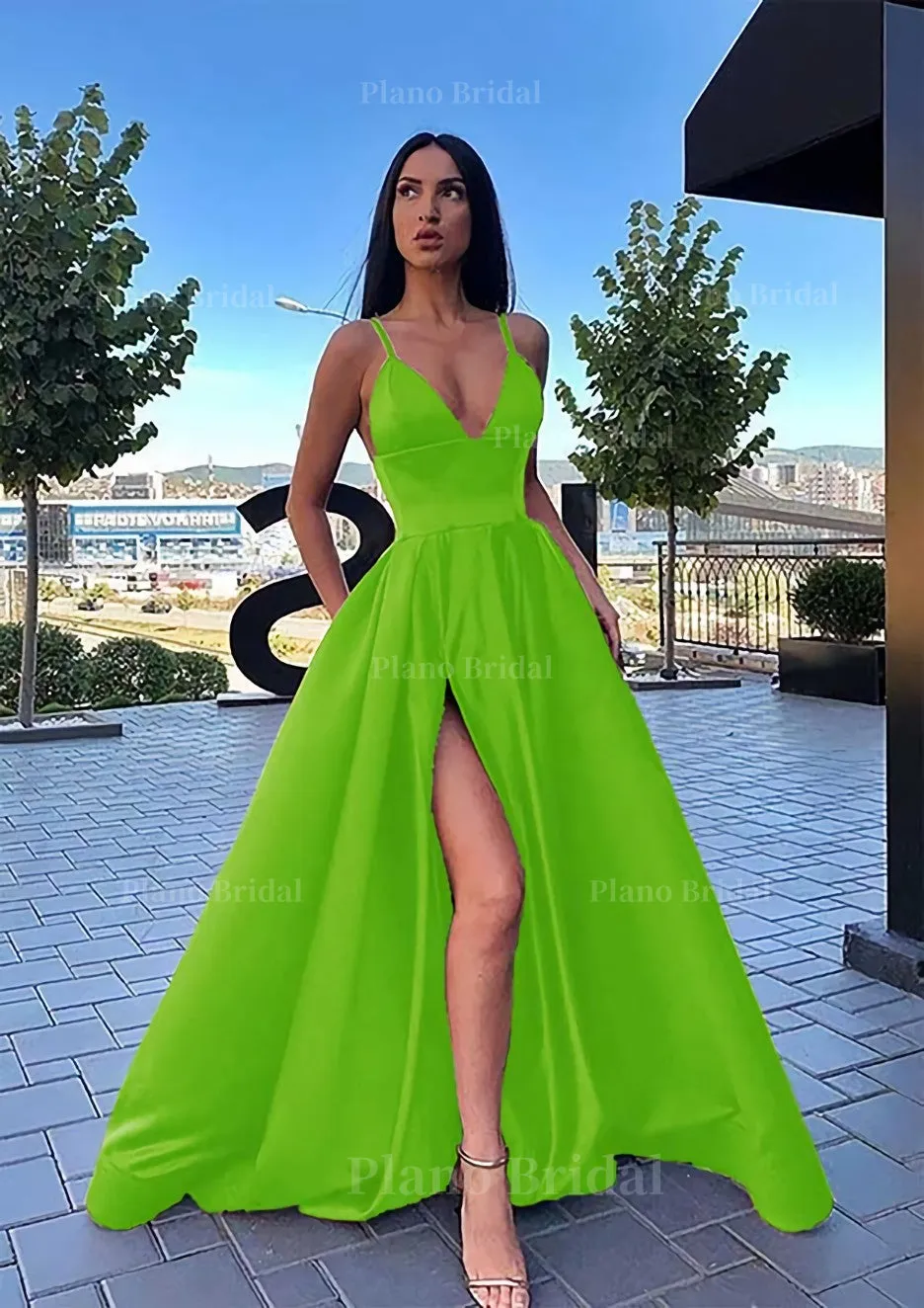 A-line V Neck Sleeveless Sweep Train Satin Prom Dress