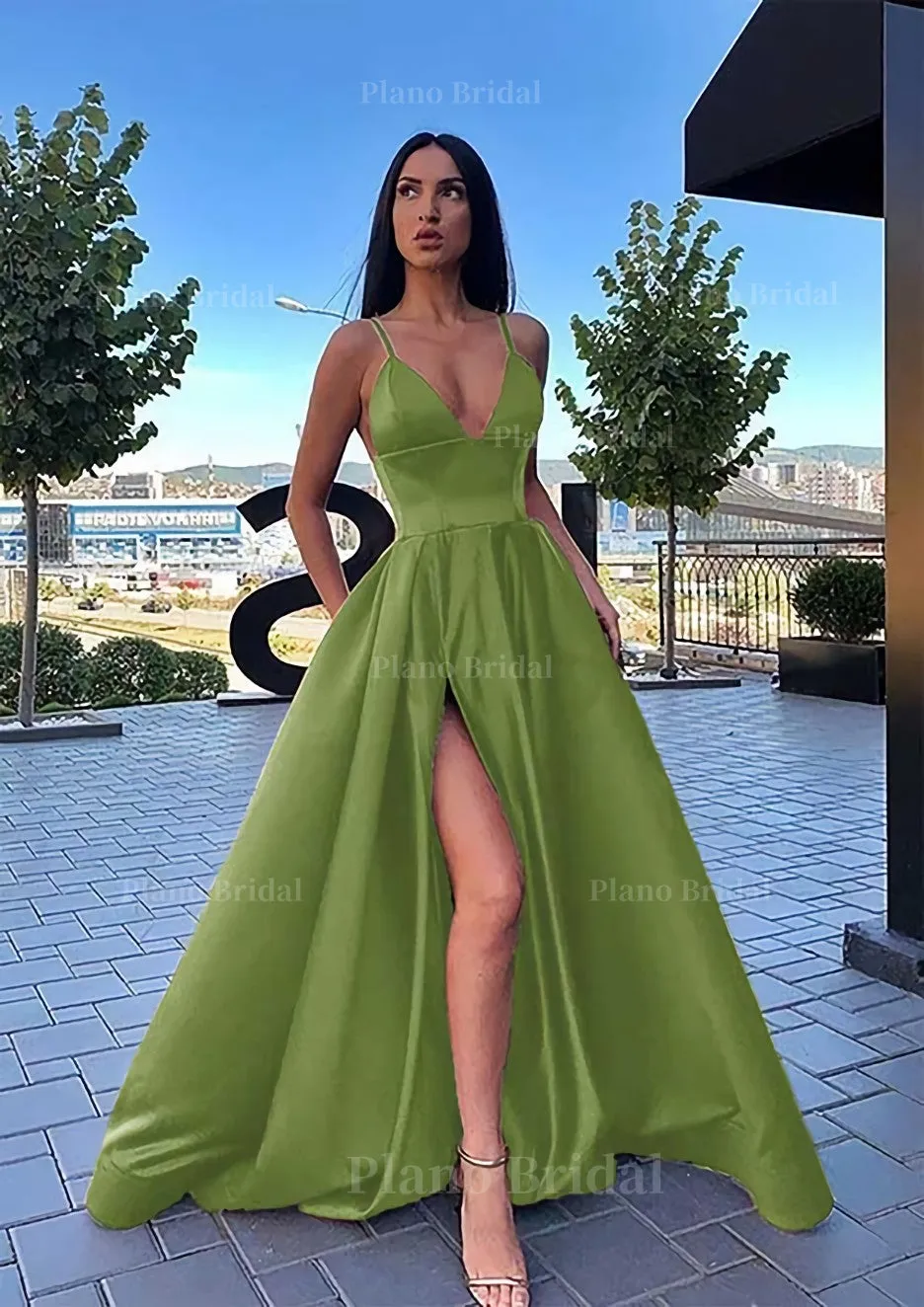 A-line V Neck Sleeveless Sweep Train Satin Prom Dress