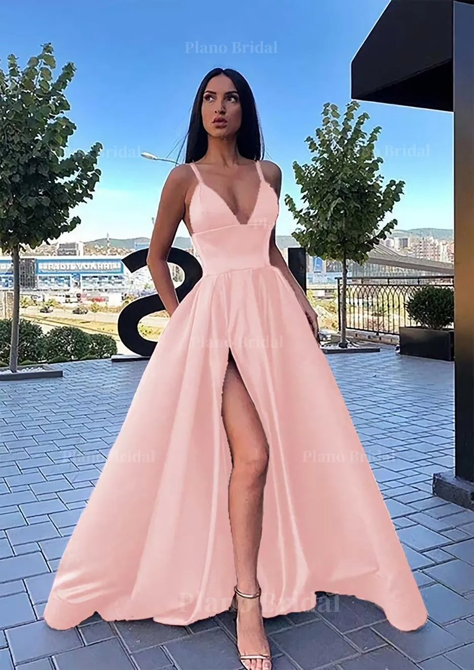 A-line V Neck Sleeveless Sweep Train Satin Prom Dress