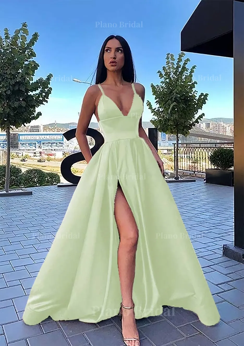 A-line V Neck Sleeveless Sweep Train Satin Prom Dress