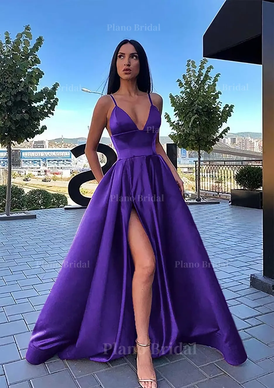 A-line V Neck Sleeveless Sweep Train Satin Prom Dress