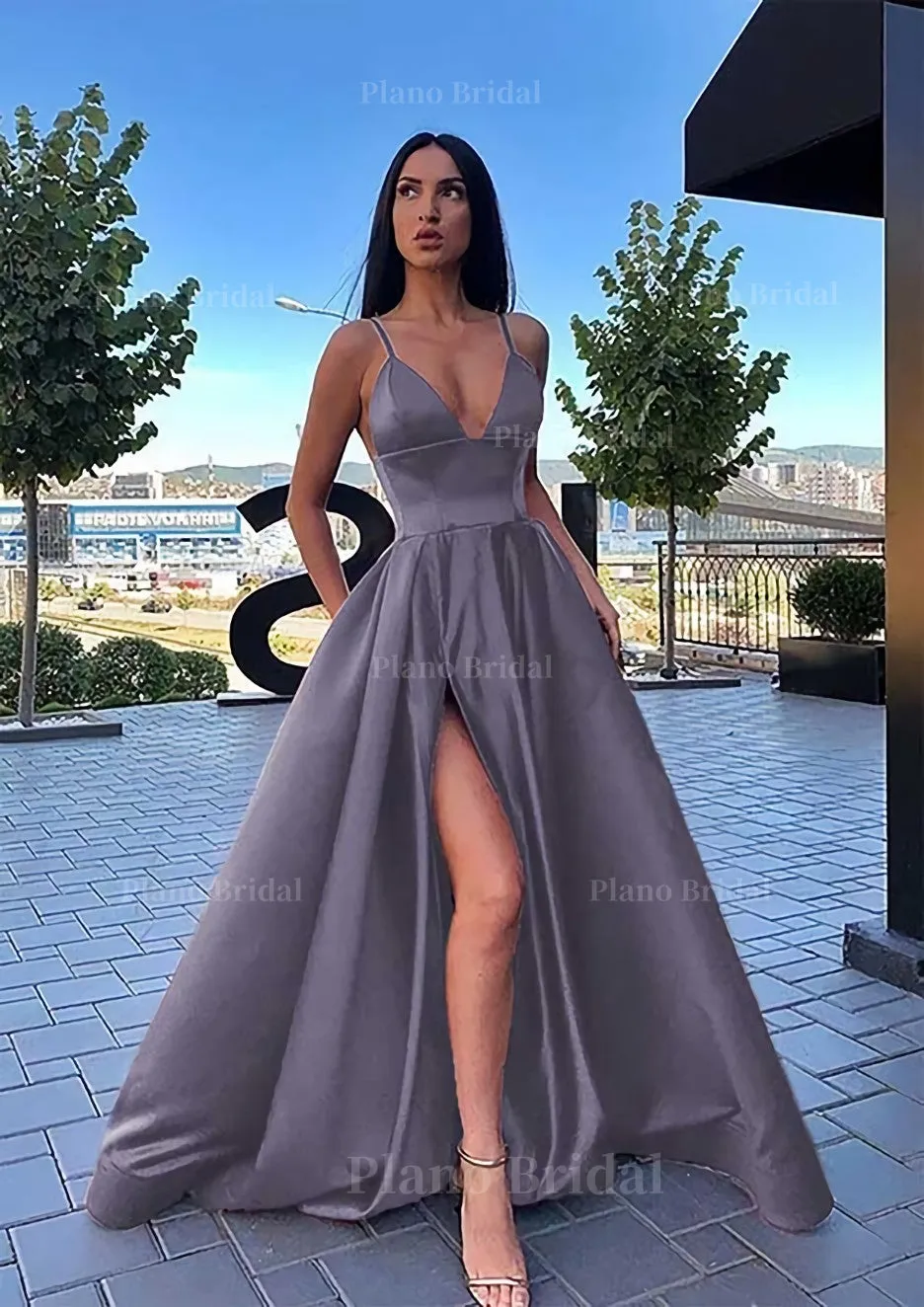 A-line V Neck Sleeveless Sweep Train Satin Prom Dress