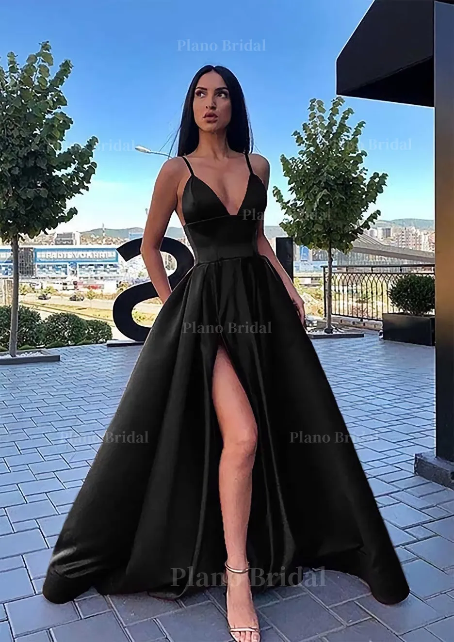 A-line V Neck Sleeveless Sweep Train Satin Prom Dress