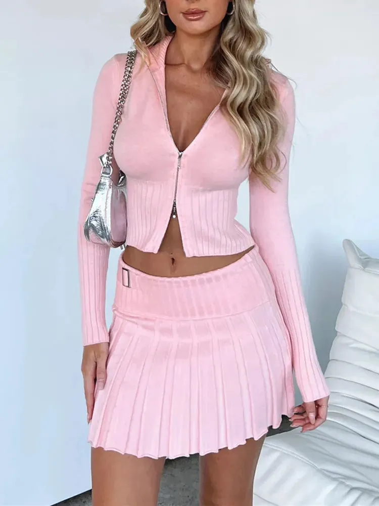 A&A Pleated Mini Skirt Knitted Two Piece Set