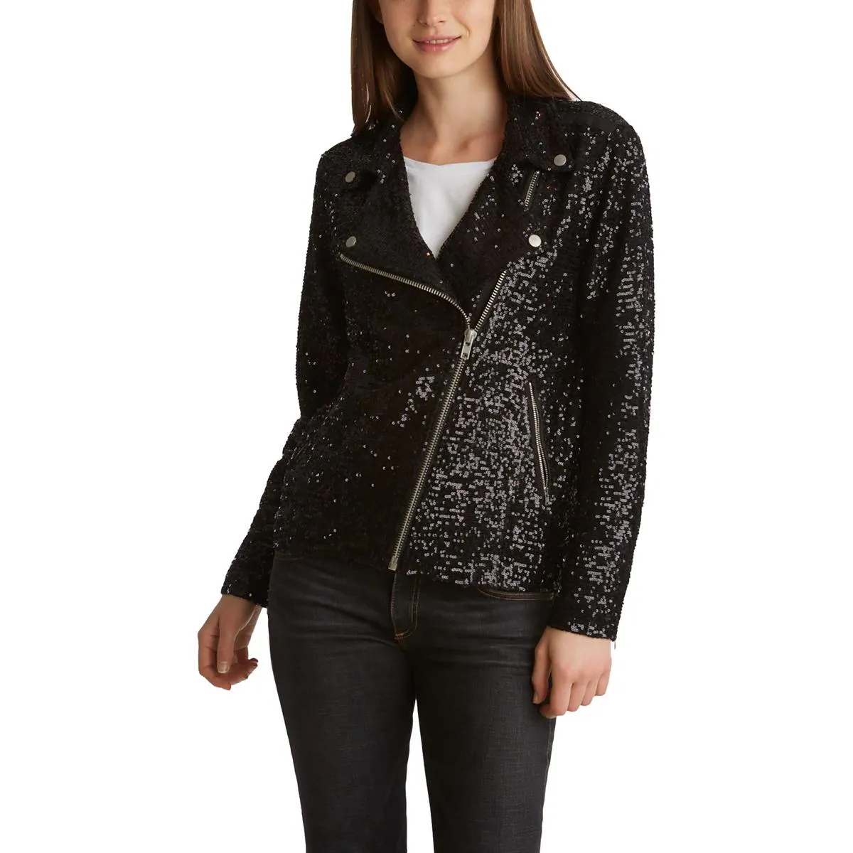 Adyson Parker Womens Sequined Long Sleeves Motorcycle Jacket