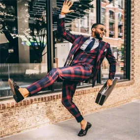 Aidase  Modern Design 3 Piece Men Suits Red And Blue British Plaid Casual Customized Fit Party Suits Handsome  Formal Coat Pant Vest