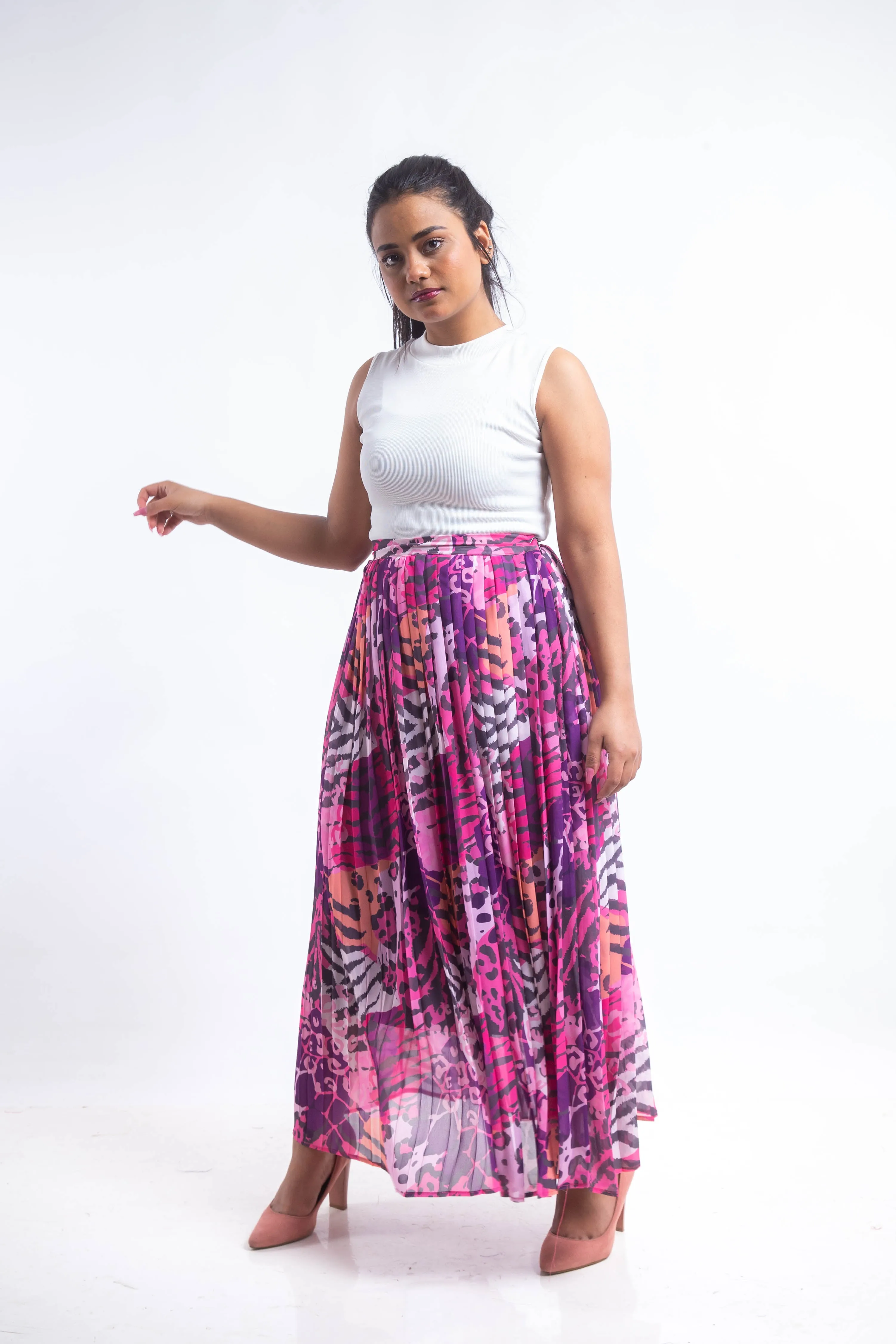 Animal print chiffon pleated Skirt - Pink