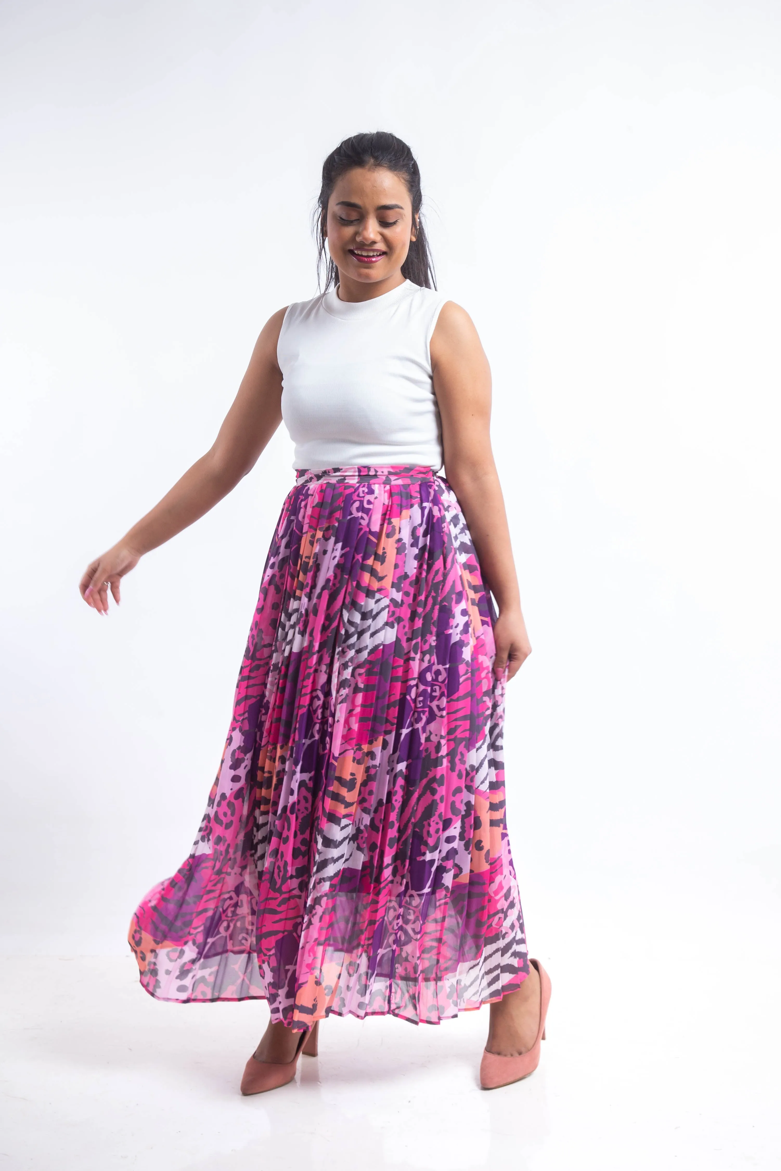 Animal print chiffon pleated Skirt - Pink