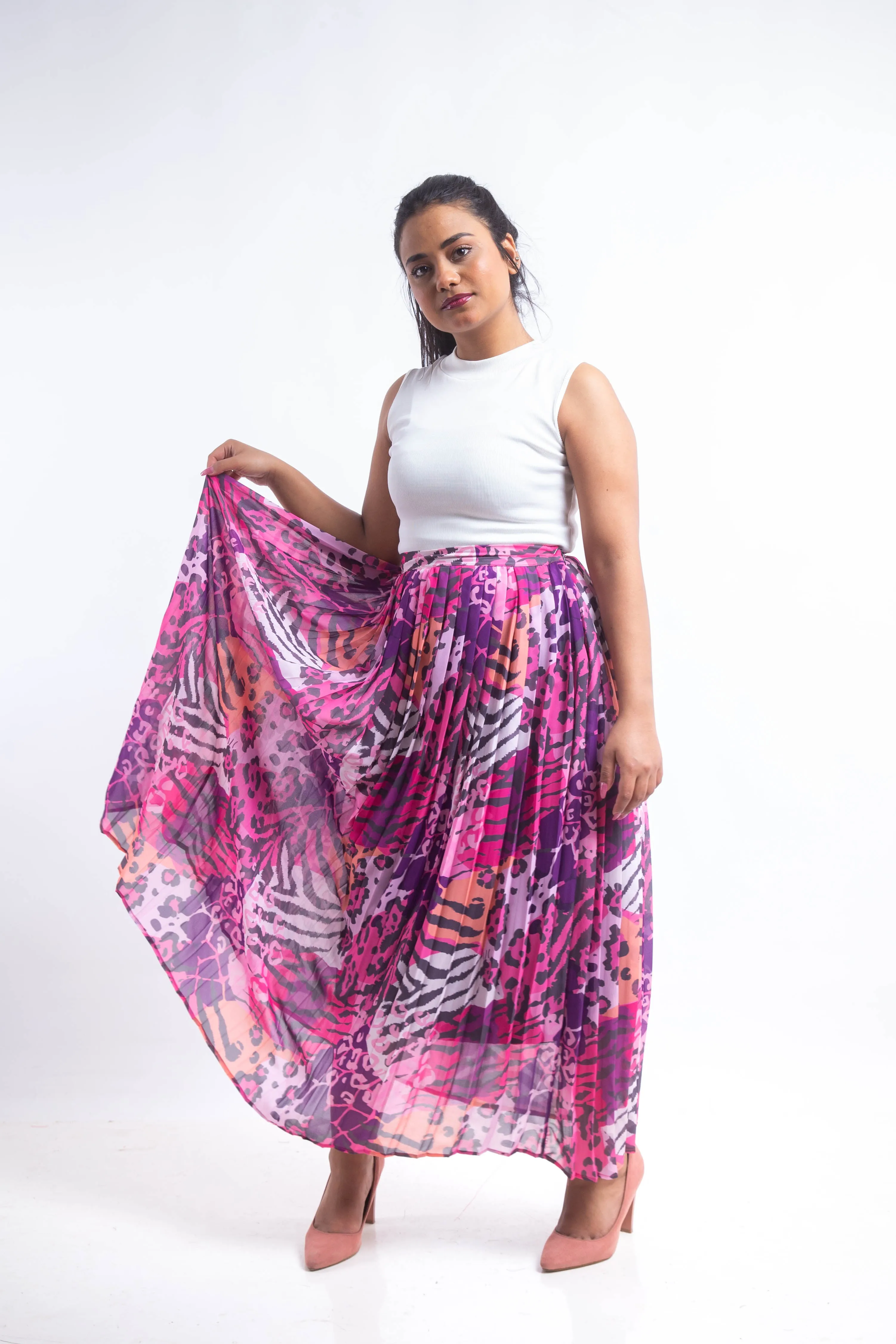 Animal print chiffon pleated Skirt - Pink