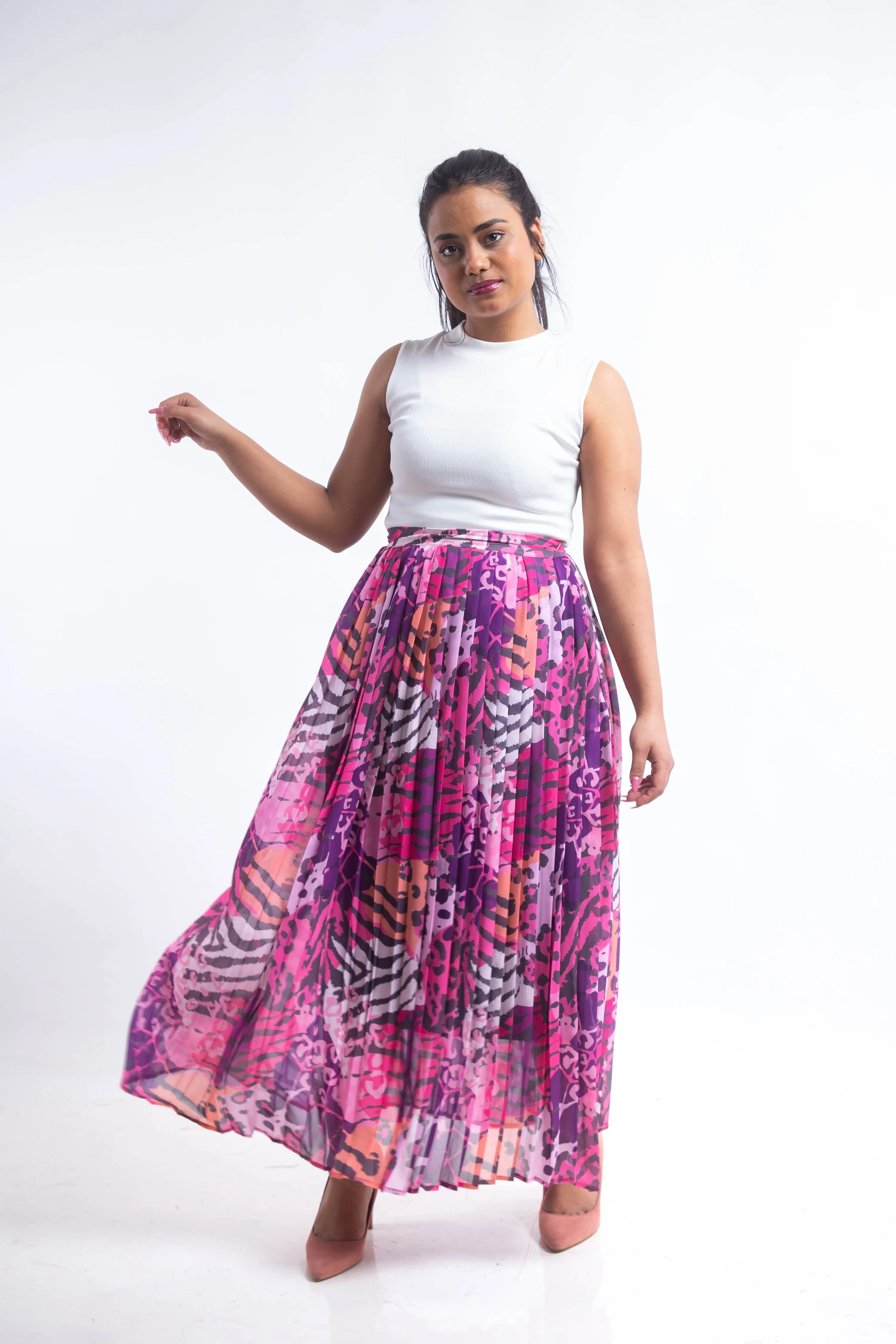 Animal print chiffon pleated Skirt - Pink