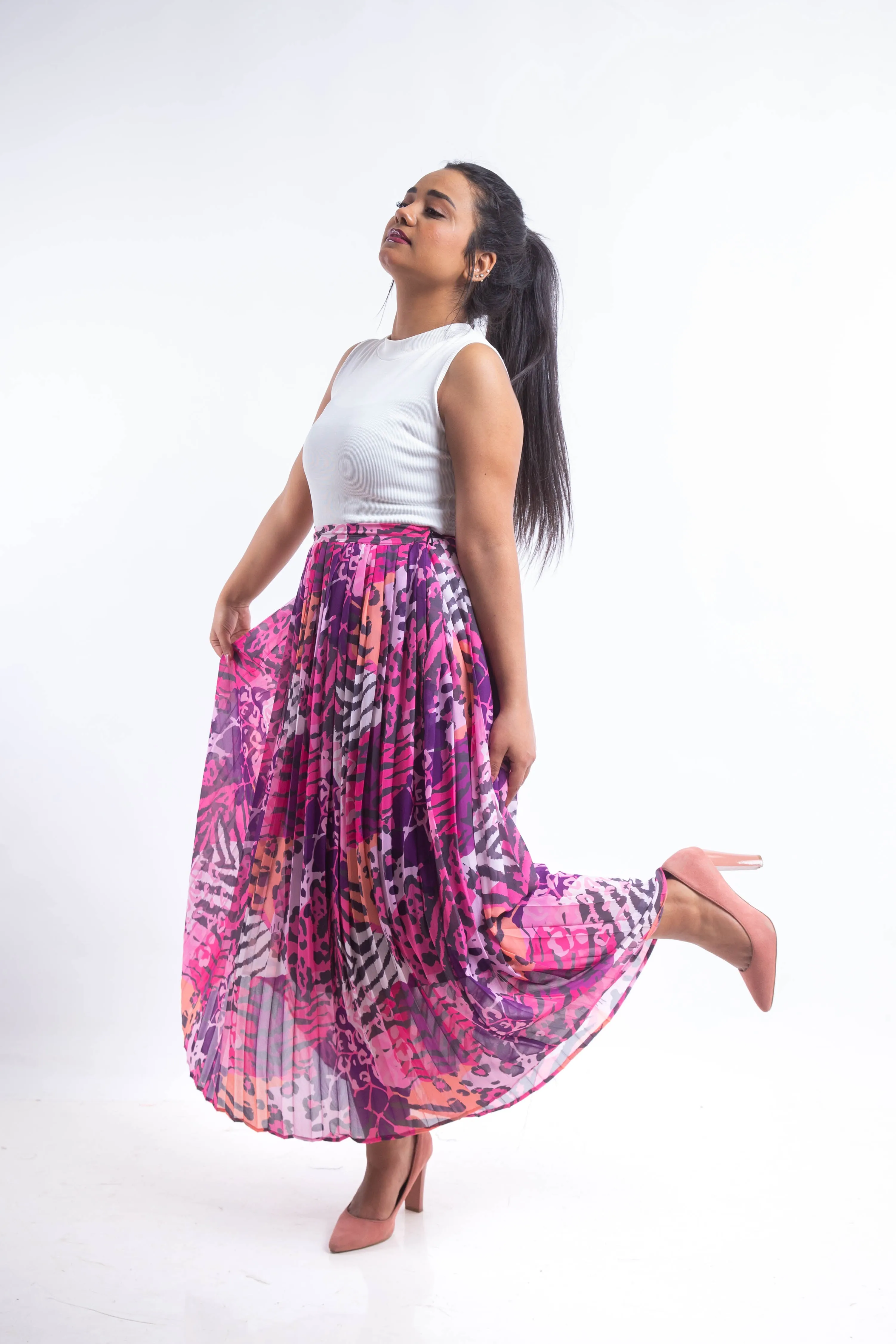 Animal print chiffon pleated Skirt - Pink