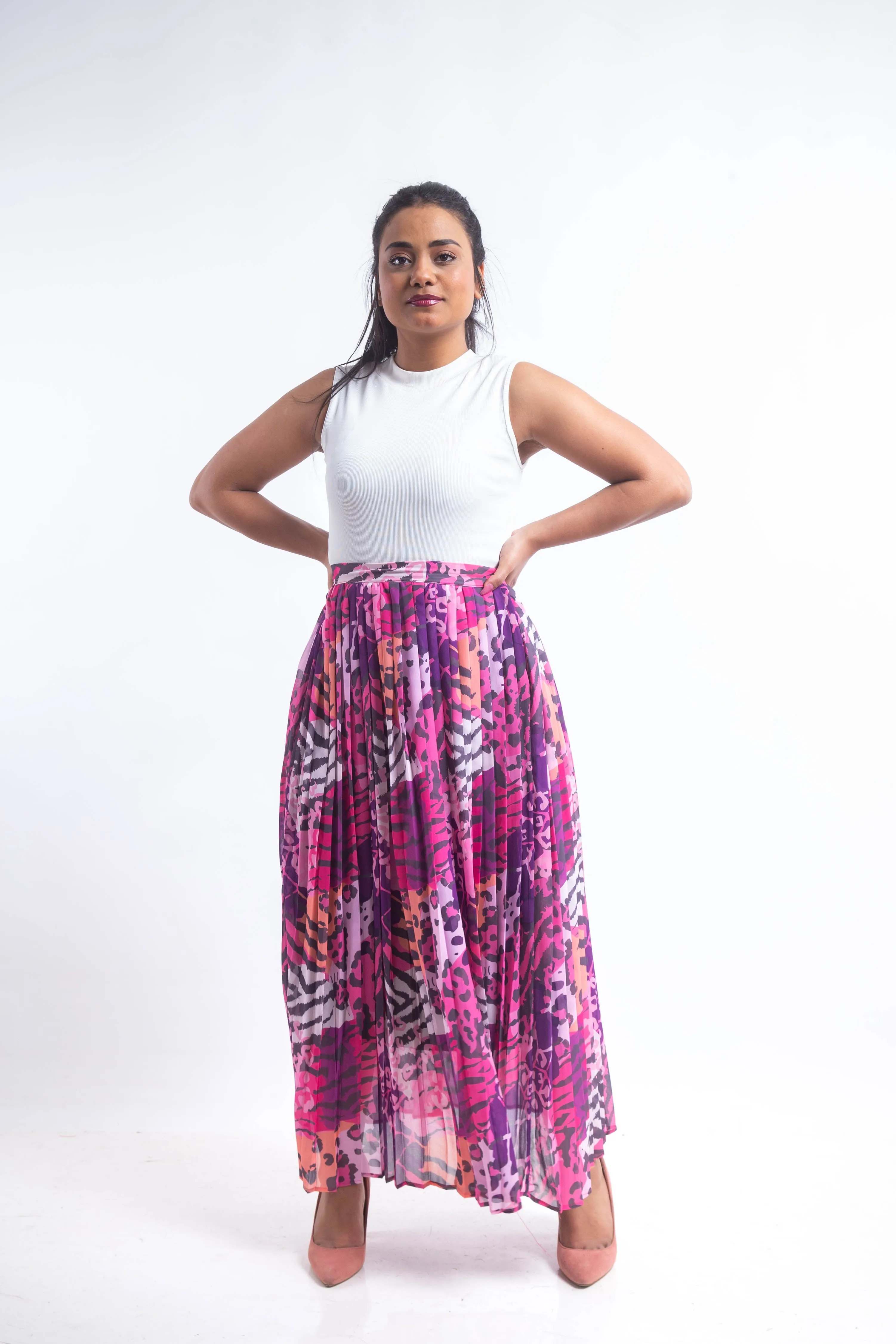 Animal print chiffon pleated Skirt - Pink