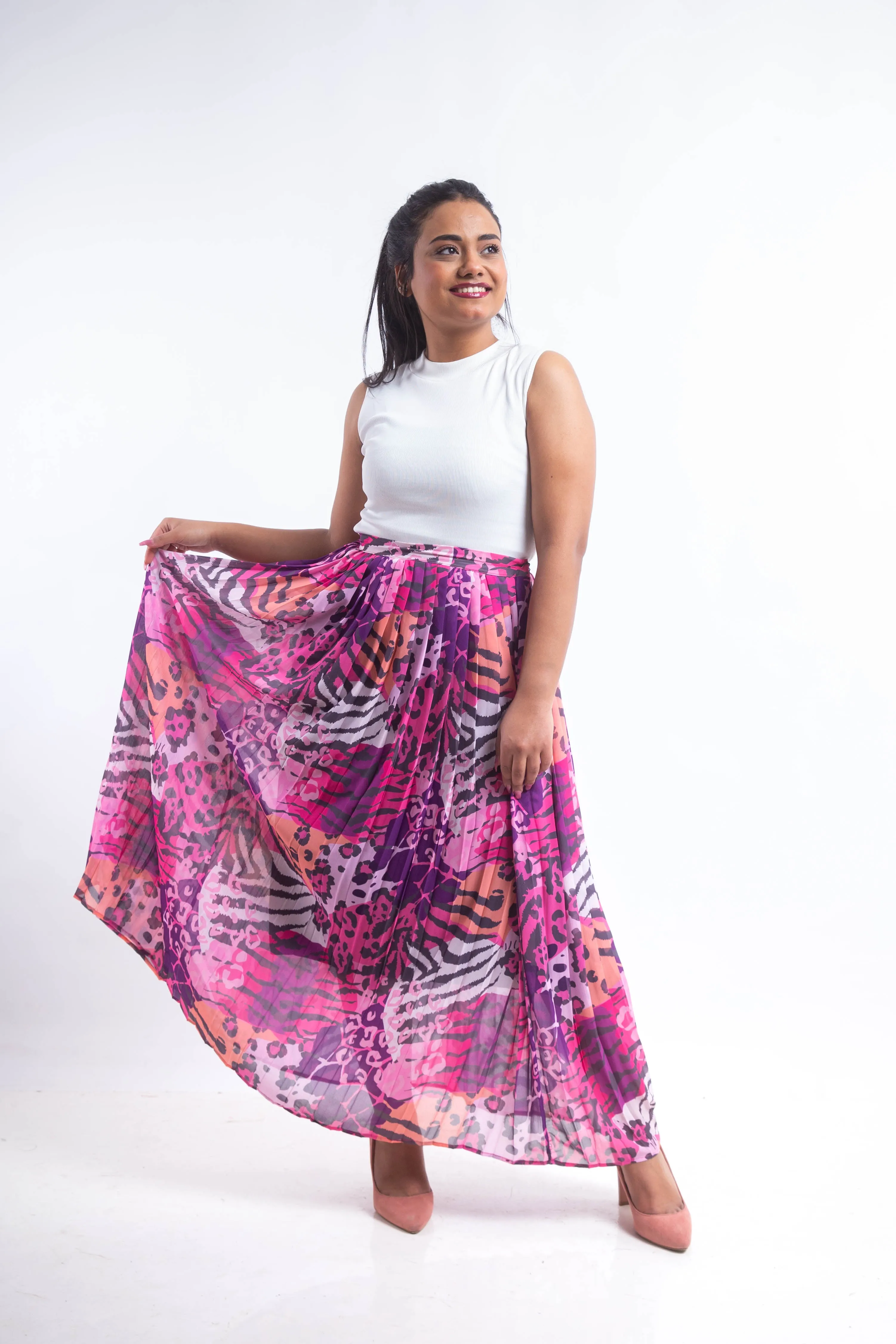 Animal print chiffon pleated Skirt - Pink