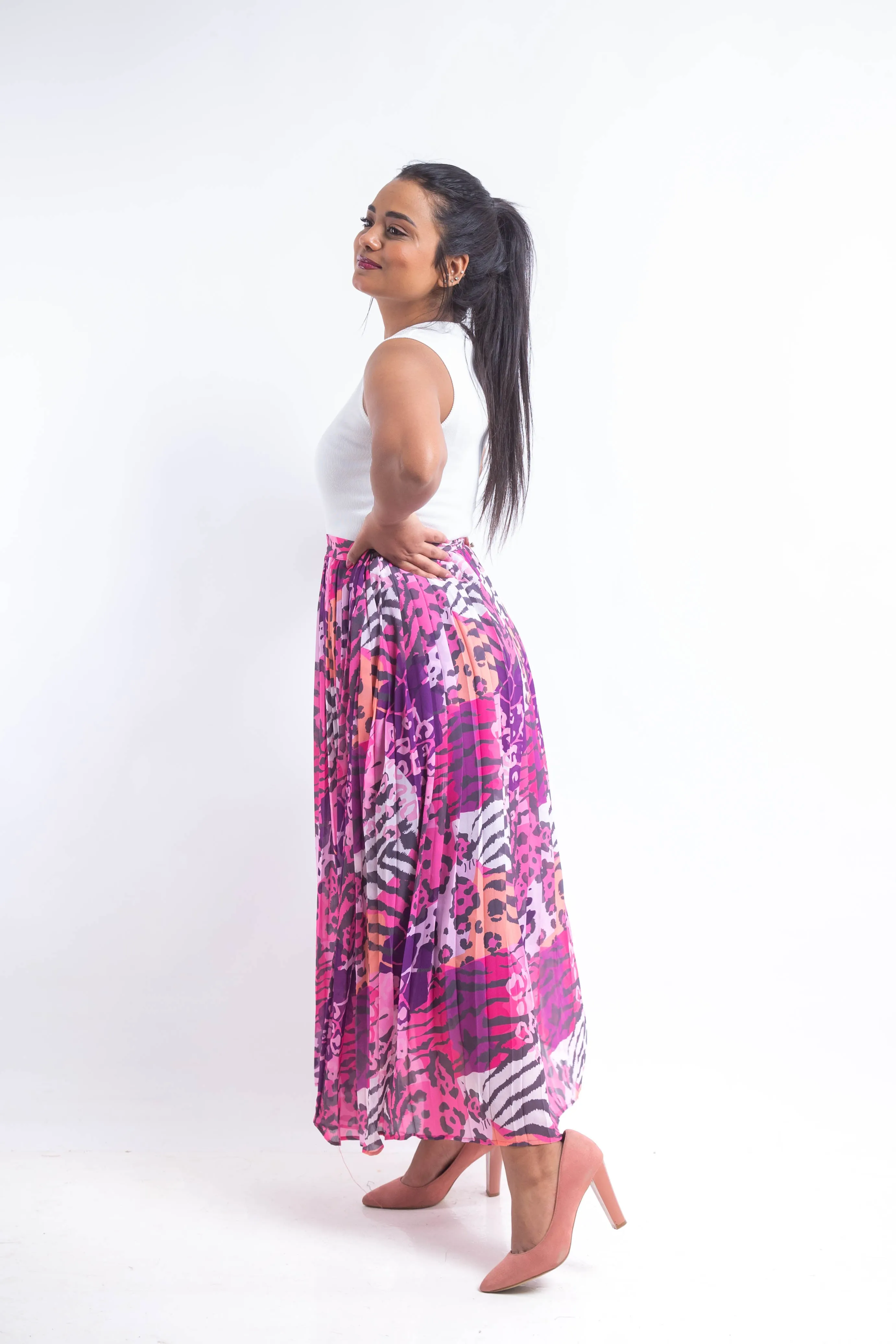 Animal print chiffon pleated Skirt - Pink