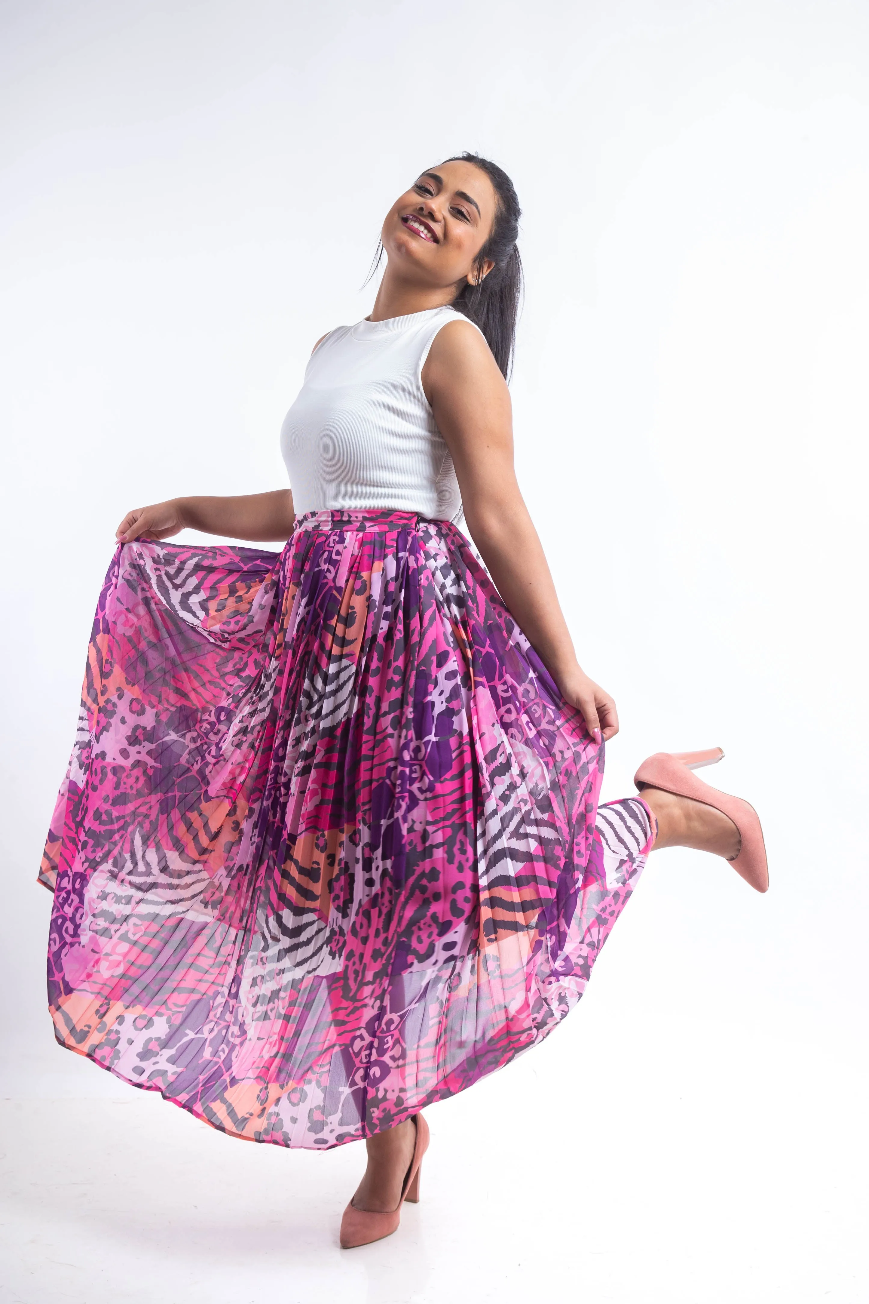 Animal print chiffon pleated Skirt - Pink