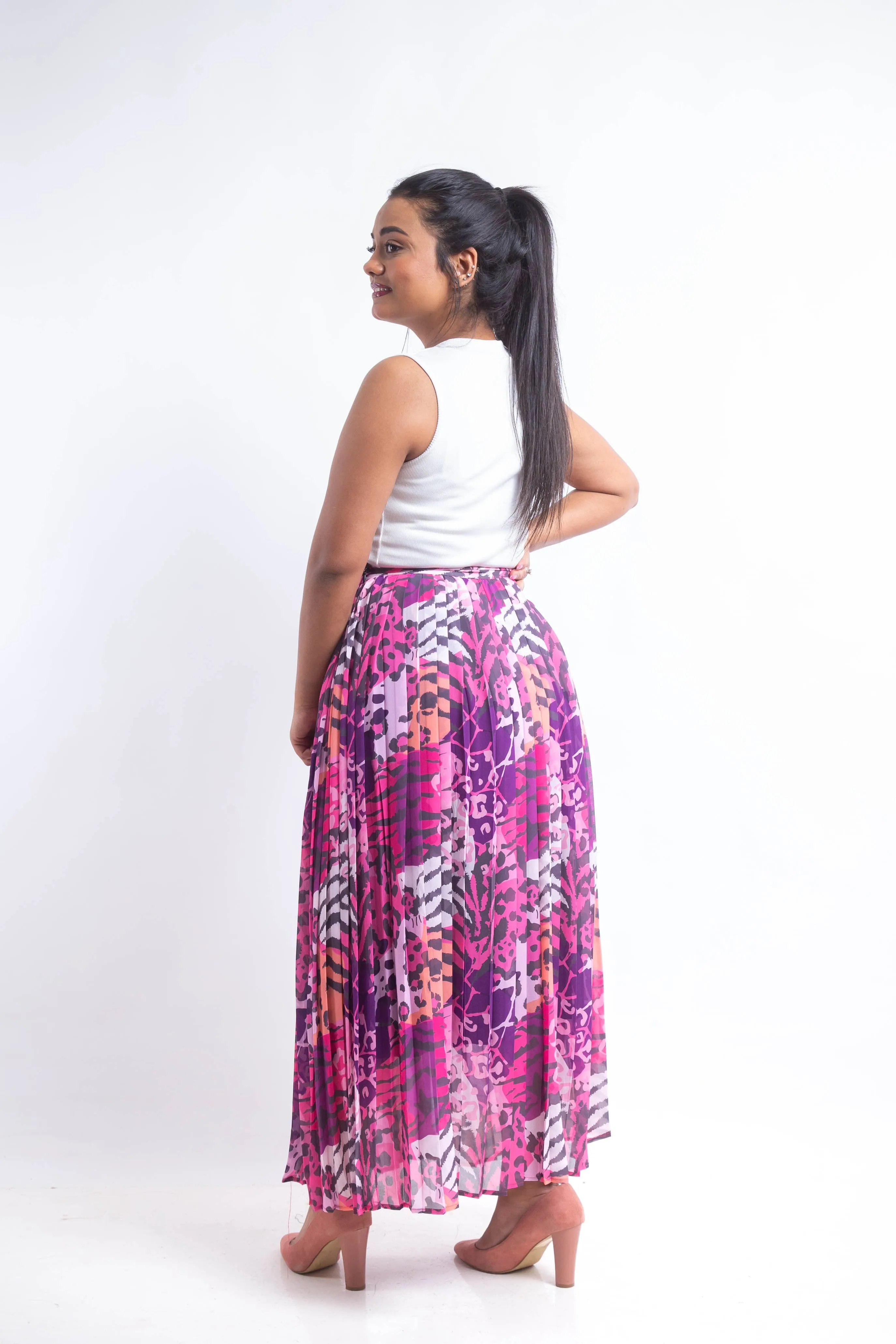 Animal print chiffon pleated Skirt - Pink