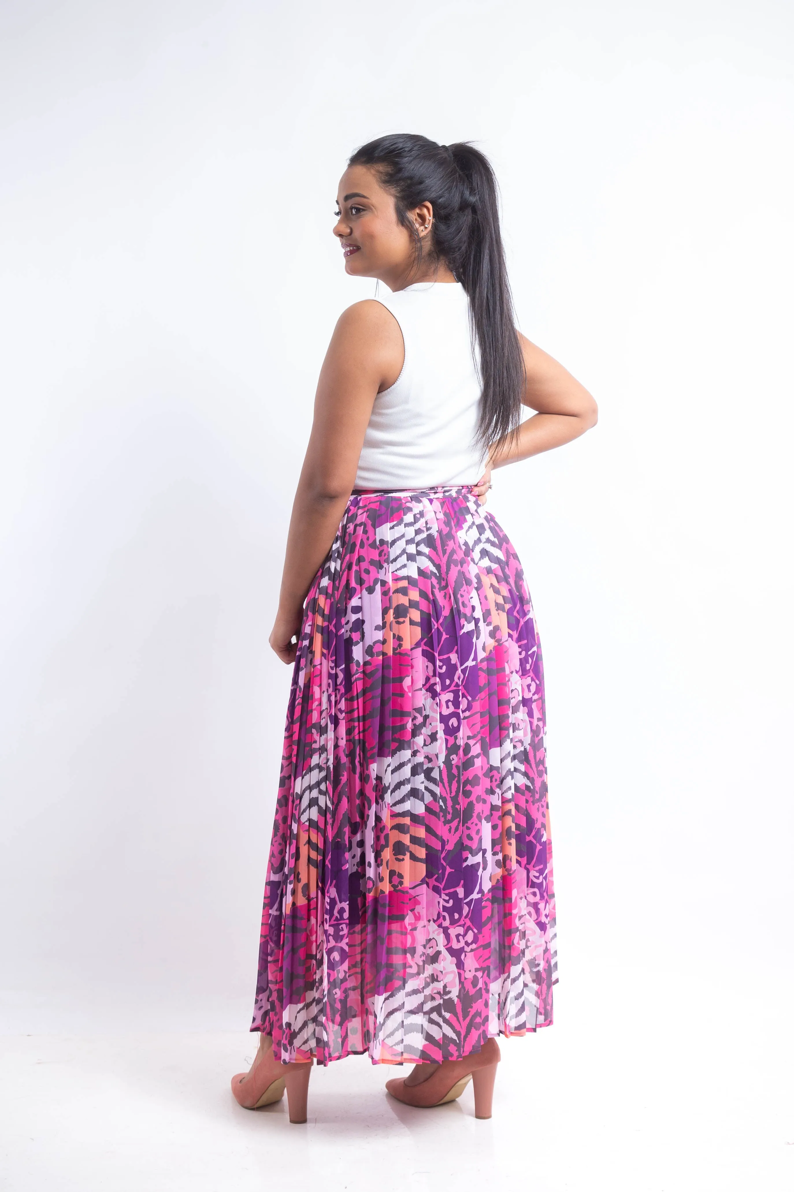 Animal print chiffon pleated Skirt - Pink