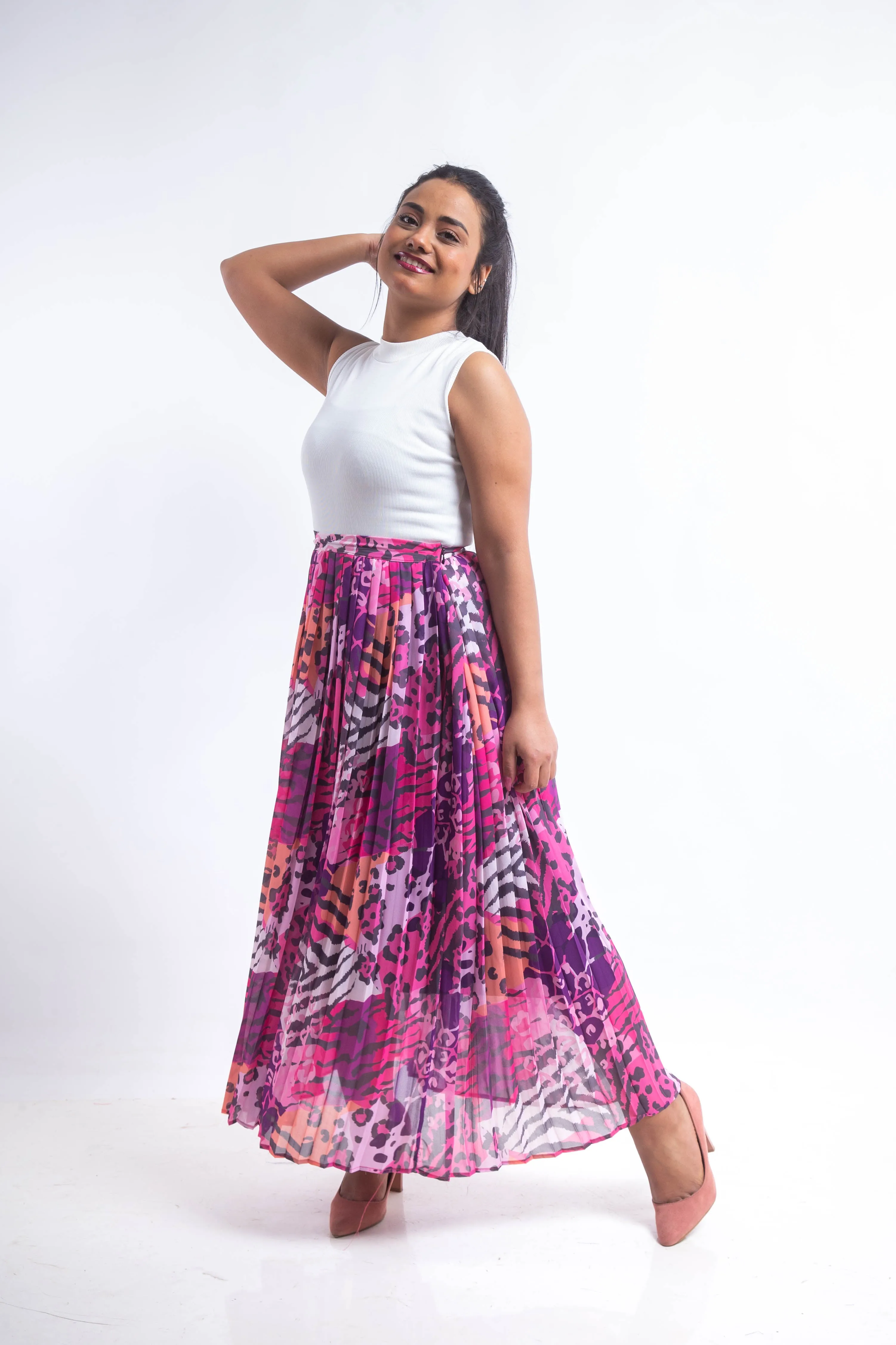 Animal print chiffon pleated Skirt - Pink