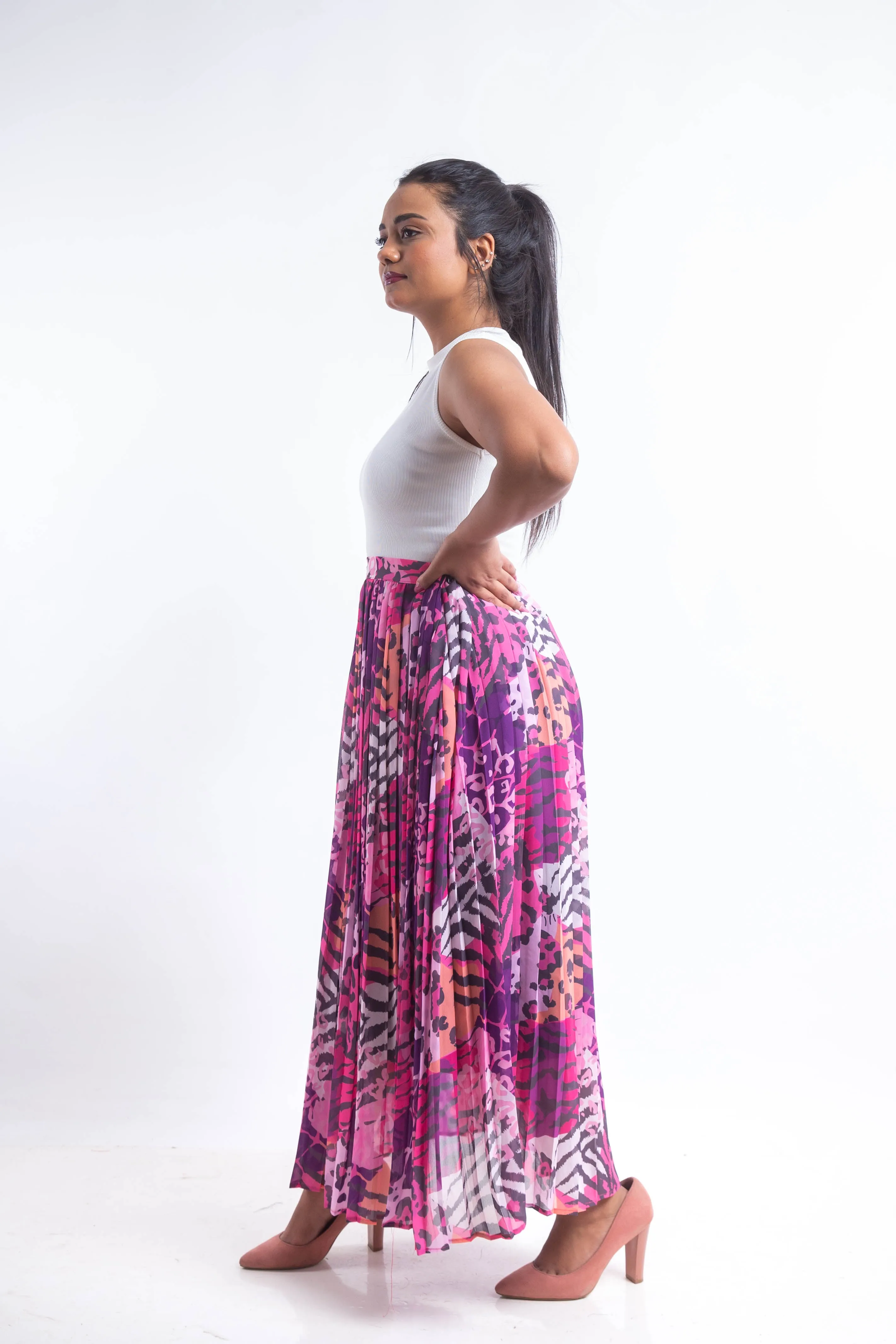 Animal print chiffon pleated Skirt - Pink