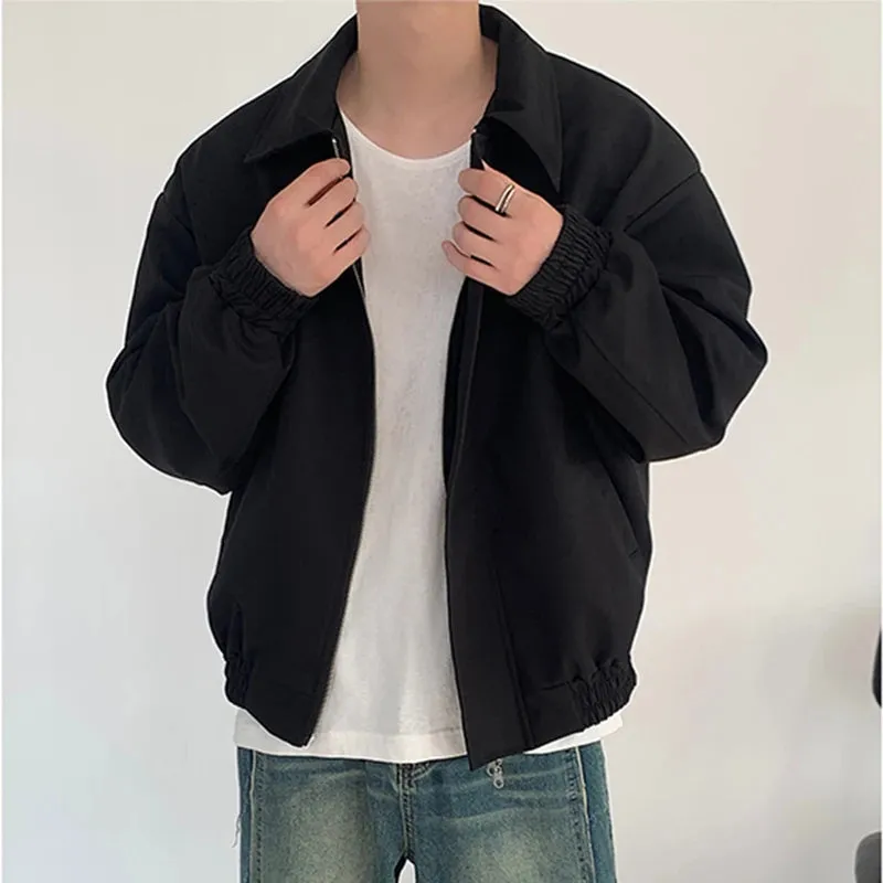 Autumn Men's Jackets Loose Shoulder Pads Solid Color Clothing Turn-down Collar Zipper Casual Simple Menwear 9C6884