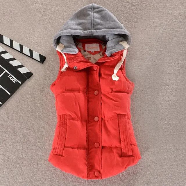 Autumn Winter Cotton Vest Women Sleeveless Hooded Casual Coat