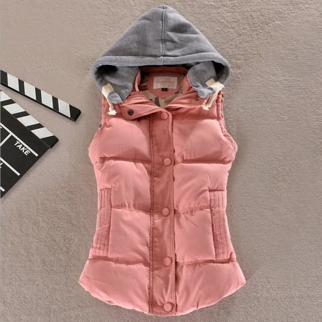 Autumn Winter Cotton Vest Women Sleeveless Hooded Casual Coat