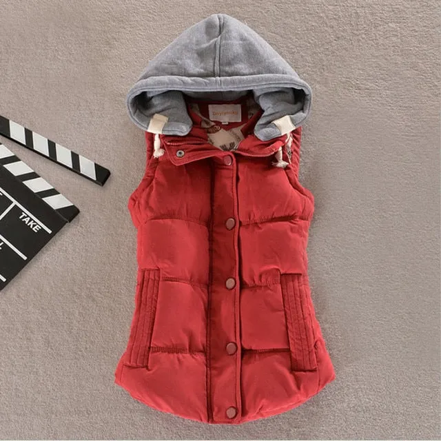 Autumn Winter Cotton Vest Women Sleeveless Hooded Casual Coat