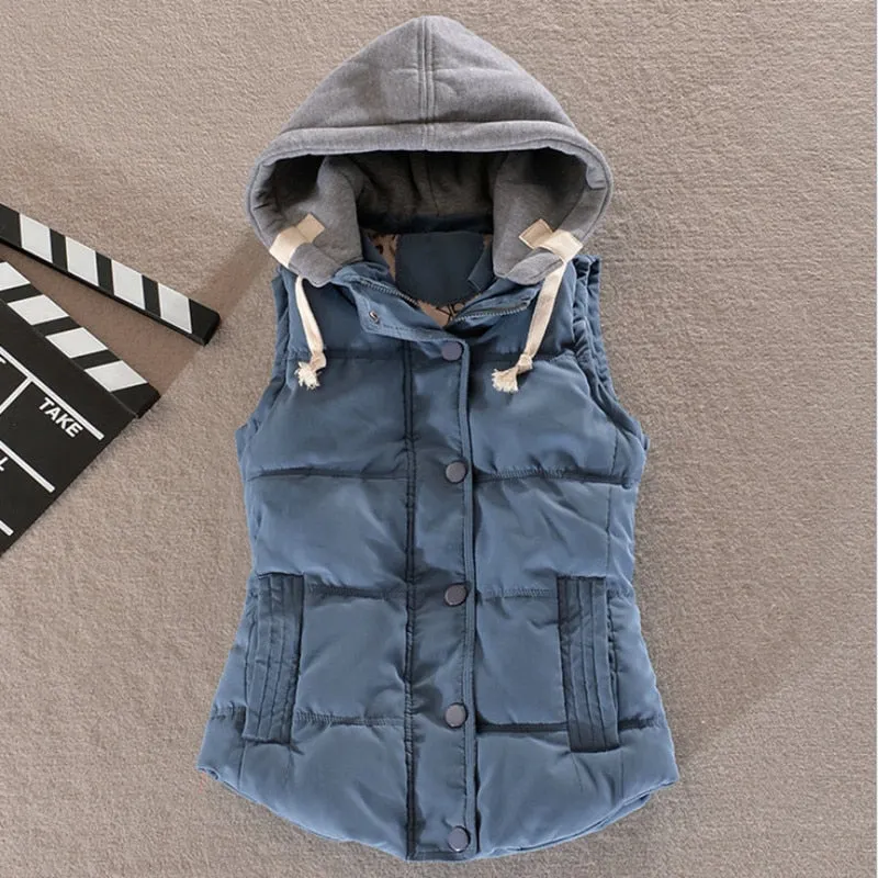 Autumn Winter Cotton Vest Women Sleeveless Hooded Casual Coat